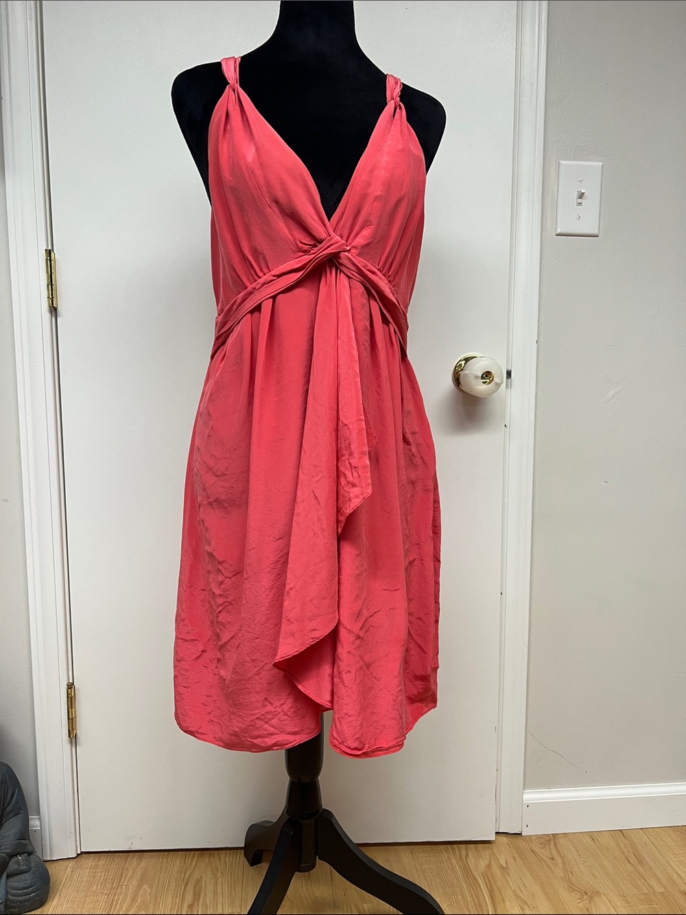 Women's Silk Coral Tie-Front V-Neck Dress